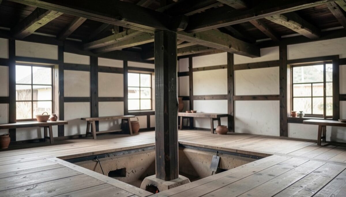 The interior of a kominka farmhouse with dark massive beams and a central pillar, a sunken hearth square in the floor, smoke-darkened rafters above.