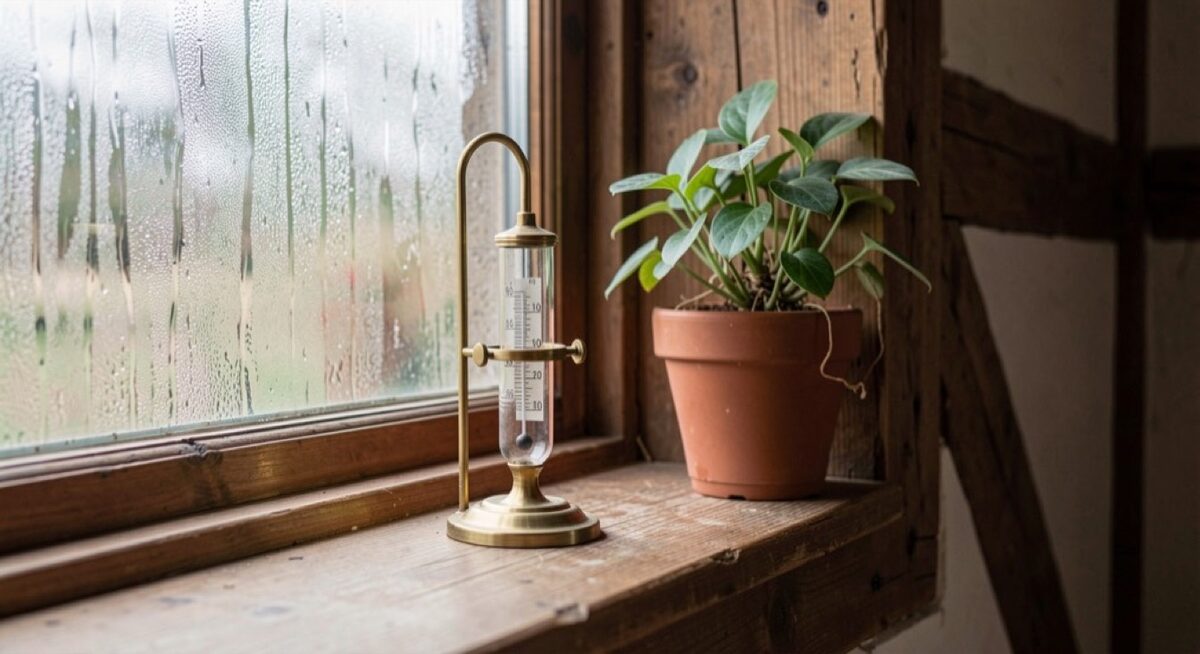 A small brass hygrometer on a wooden windowsill beside a potted plant, condensation on the glass behind it, a timber-framed wall beyond.
