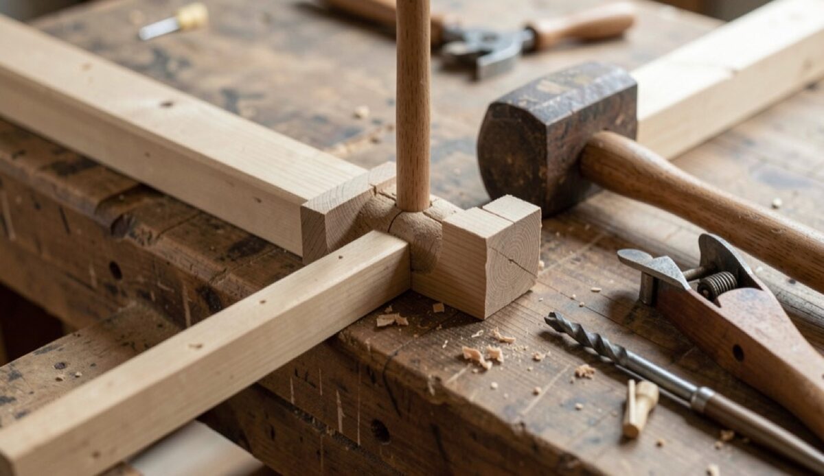 A square mortise and tenon frame corner clamped on a bench with a wooden peg driven through it, a mallet and a brace and bit beside it.