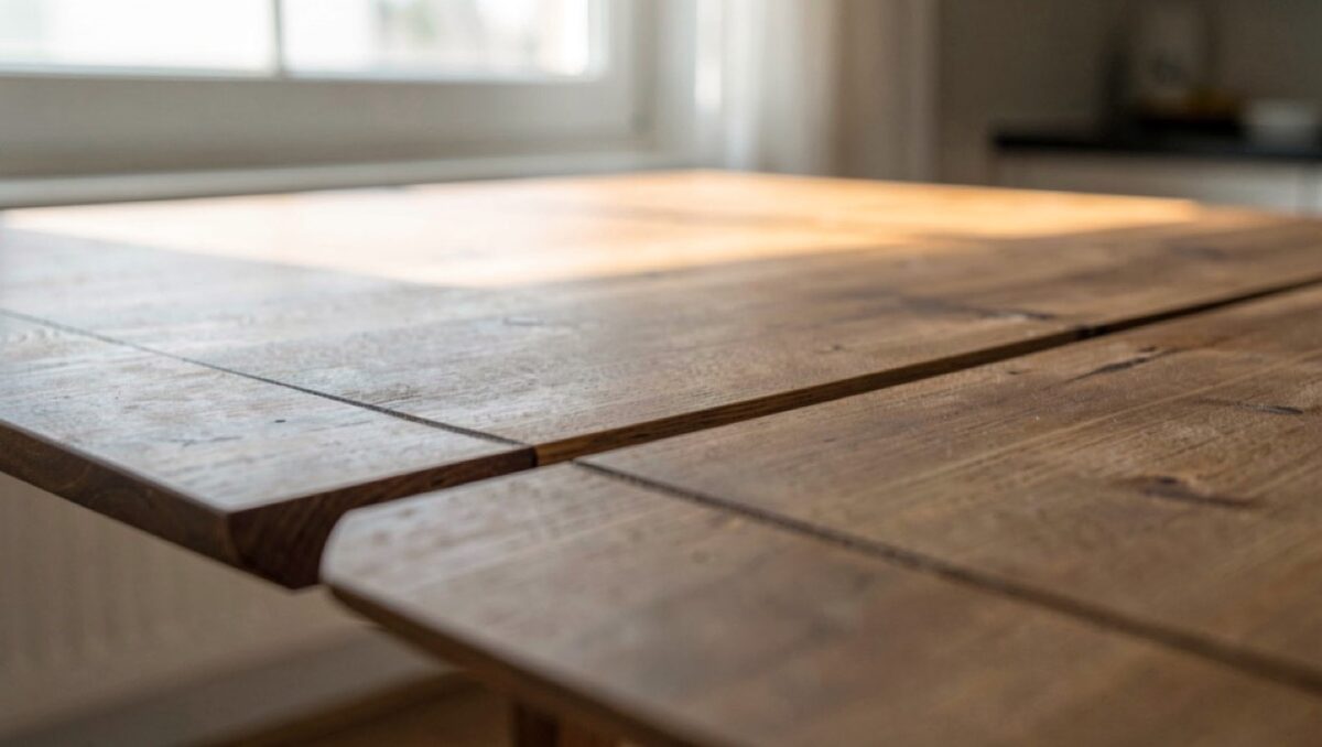 A wide tabletop board with a narrow gap between frame and panel visible, a finger-width groove along the edge, morning light raking the surface.
